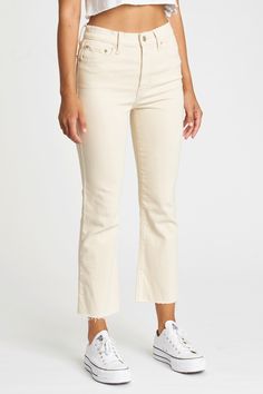 Don't be Shy, try a kick flare. The neutral you've been waiting for. This creamy colored crop flare bootcut is a clean wash with mixed metal hardware and a scissor cut hemline that hits the perfect spot for putting your footwear on display. THE FIT: 11" Rise 26" Inseam 16" Leg Opening THE FABRIC Stretch in 64% Cotton, 35% Organic Cotton, 1% Elastane Machine wash cold. The fuller the load, the more water we save. Once Bitten Twice Shy, Once Bitten, Ecru Jeans, Shy Girl, Maxi Romper, Crop Flare, Shy Girls, Cropped Flare Jeans, Kick Flares