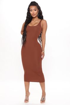 Available In Coral, Black, White And Taupe. Midi Dress Sleeveless Square Neck Scoop Back Stretch 97% Polyester, 3% Spandex Imported | Feeling Reborn Midi Dress in Brown size Small by Fashion Nova Taupe Midi Dress, Coral Outfit, Taupe Fashion, Dresses Fashion Nova, Fashion Nova Outfits, Sweater Dress Midi, Curve Dresses, Midi Dress Sleeveless, Brown Fashion