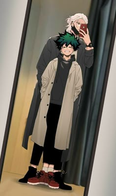 an anime character is taking a selfie with his cell phone while standing in front of a mirror