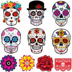 six sugar skulls with roses on them are shown in different colors and sizes, each decorated with