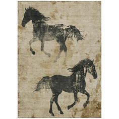 two black and white horses running across a brown background with faded paint on the paper