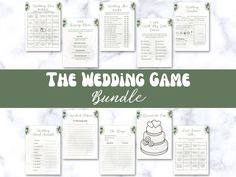 the wedding game bundle is displayed on a marble table with green and white paper decorations