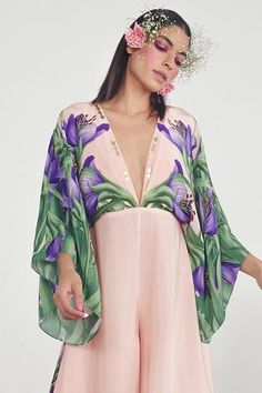 Shop for Limerick by Abirr N' Nanki Pink Crepe Printed Jumpsuit for Women Online at Aza Fashions Floral Embroidered Jumpsuits And Rompers For Summer Parties, Summer Party Jumpsuits And Rompers With Floral Embroidery, Spring Silk Fitted Jumpsuits And Rompers, Fitted Silk Jumpsuits And Rompers For Spring, Fitted Silk Jumpsuits And Rompers For Summer, Silk Jumpsuits And Rompers For Summer, Flared Bottoms, Jumpsuit Pink, Jumpsuit For Women