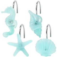 three seahorse hooks and one starfish hook are shown in aqua blue, while the other is clear