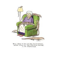 an old woman sitting in a green chair next to a rat