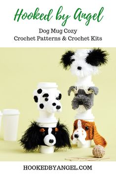 three crocheted dog mug cozys with text overlay that reads hooked by angel