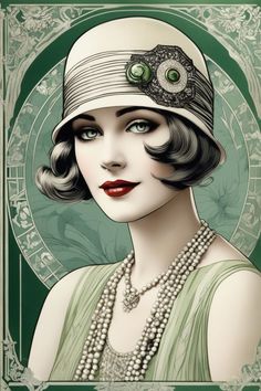 a painting of a woman wearing a hat with pearls on her head and green background