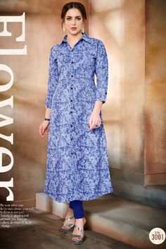 Catalog No - 4534 #anarkalikurtis #anarkalikurta #kurticollection #designerkurta #officekurti #wholesalekurti #kurtiwholesaler #kurtimanufacturer #kurtiscatalog Wholesale Kurti Supplier | Wholesale Occasional Indian Wear Cotton Denim Long Length Kurti Collection Long Kurti Patterns, Indian Kurti Designs, Kurti Sleeves Design, Designer Kurti Patterns, Kurti Designs Latest