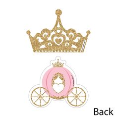 a pink and gold princess carriage with a heart on the front, and a crown on the back