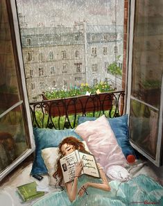 a painting of a woman laying in bed reading a book while looking out the window