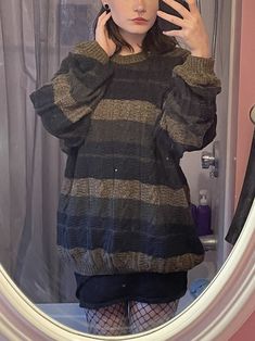 Grunge Knitted Sweater, Actual 90s Grunge, Big Sweater Outfit Grunge, Crochet Grunge Sweater, Baggy Sweaters Outfits, Oversized Grandpa Sweater Outfit, Striped Sweater Outfit Grunge, Crochet Sweater Grunge, Grunge Crochet Sweater