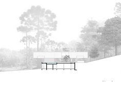 an architectural drawing of a house in the middle of a wooded area with trees on both sides