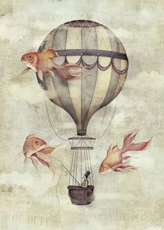 a painting of fish flying in a hot air balloon with two goldfishs attached to it