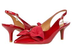 J. Renee Devika - Women's Shoes : Red Patent : The J. Renee Devika offers a timeless, polished look to your classic styling. Pair with your favorite dress or skirt for an elevated look. Slip on style with adjustable ankle buckle closure. Pointed toe with bow detail on vamp in a kitten heel. Upper, lining, and insole made of synthetic material. Textile outsole. Imported. Measurements: Heel Height: 3 in Weight: 8 oz Product measurements were taken using size 9, width M (B). Please note that measur Womens Red Shoes, Polished Look, Favorite Dress, Kitten Heels, Heel Height, Shoes Heels, Slip On, Buckle, Women Shoes