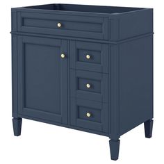 a blue cabinet with drawers and gold knobs on the doors, in front of a white background