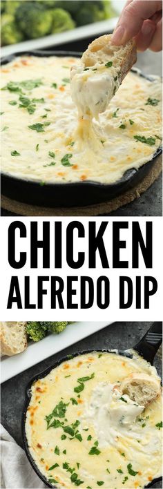 chicken alfredo dip in a cast iron skillet