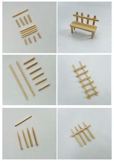 four pictures showing different types of wooden pegs and clothes pins on a white surface