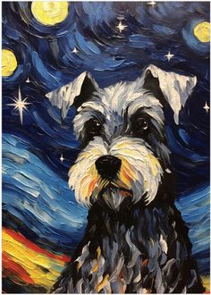 a painting of a black and white dog with stars in the background