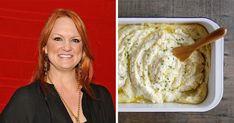 a woman standing next to a bowl of mashed potatoes