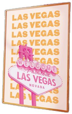 the welcome to las vegas sign in pink and yellow is featured on a white background