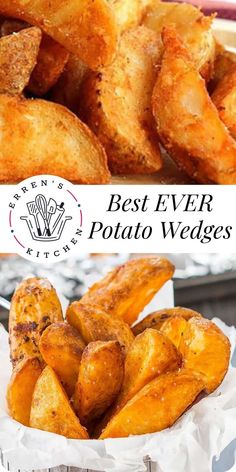 the best ever potato wedges recipe is shown in this collage with two pictures