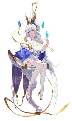 an anime character sitting on top of a chair with long white hair and blue eyes