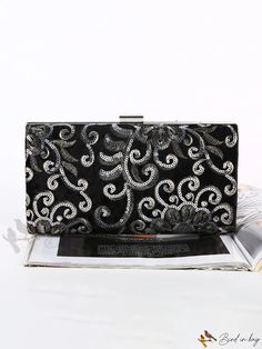 Bird in Bag - Womens Sequin Embroidered Clutch Bag with Large Capacity Black Embroidered Formal Bag, Formal Black Embroidered Bag, Elegant Black Embroidered Shoulder Bag, Black Embroidered Clutch, Black Embroidered Clutch Bag, Elegant Black Shoulder Bag With Floral Embroidery, Embroidered Clutch Bag, Embroidered Clutch, Box Bag