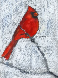 a painting of a red bird sitting on top of a tree branch in the snow