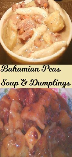 two pictures with different types of food in them and the words, batman peas soup & dumplings