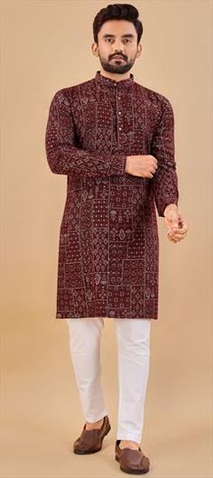 Red and Maroon color Kurta Pyjamas in Cotton fabric with Foil Print work Red Printed Kurta For Festive Occasions, Traditional Red Printed Kurta, Festive Red Printed Kurta, Traditional Red Printed Sets, Red Long Sleeve Set With Printed Motifs, Party Wear Kurta, Reception Lehenga, Engagement Reception, Wear Red