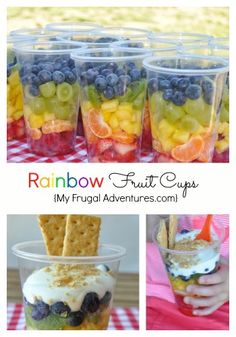 the website for rainbow fruit cups has pictures of different desserts in plastic cups and on top of each other