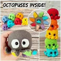 there is a crocheted octopus with many different colors