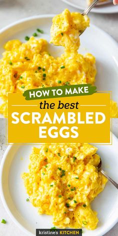 scrambled eggs on a white plate with the words how to make the best scrambled eggs