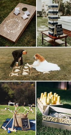 various pictures of wedding games and decorations on the grass in front of an outdoor venue