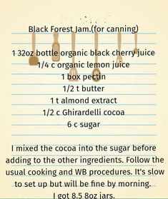 the ingredients to make black forest jam for canning are lined up on lined notebook paper