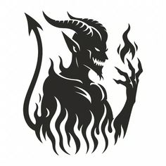 a black and white drawing of a demon with flames on it's head, holding a