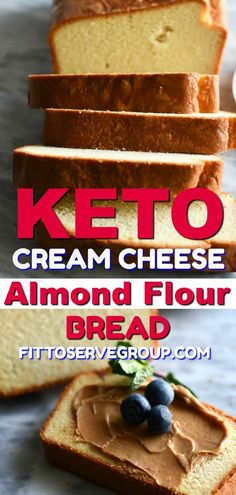 keto cream cheese almond flour bread with blueberries on top and text overlay that reads, keto cream cheese almond flour bread