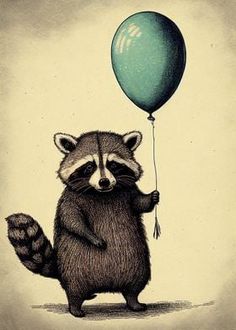 a raccoon holding a blue balloon in it's hand and standing on its hind legs