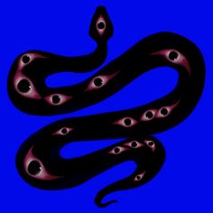 a black and red snake with eyes on it's back end, against a blue background