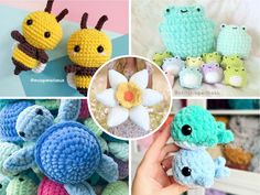 crocheted stuffed animals are shown in four different pictures, including one with a flower