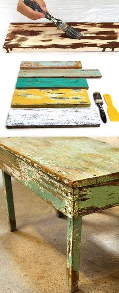 an old table is painted green and yellow with paintbrushes on it, and the top has been stripped off