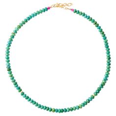 The vibrant green color brings a refreshing energy that revitalizes you. This necklace redefines sophistication, crafted to make you feel exquisitely refined and genuinely special, as if you've stepped into a timeless story where elegance and uniqueness converge. • 18" Total Length + 1.5" Adjustable Extension  • Turquoise 4mm x 6mm, Semi-precious gemstone, From India • 22K Gold Plated Sterling Silver hook, From Vietnam • 22K Gold Plated Sterling Silver Extension, From Vietnam • 22K Gold Plated S Erin Hanson, Shell Beads Necklace, Lapis Lazuli Blue, Westport Ct, Lapis Lazuli Necklace, Gold Bead Necklace, Coral And Gold, Modern Necklaces, John Galliano