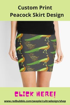 a woman wearing a skirt with birds on it and the words custom print peacock skirt design