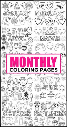 an image of coloring pages with the words months and month written in pink on it