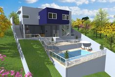 an artist's rendering of a house with a pool in the yard and landscaping around it