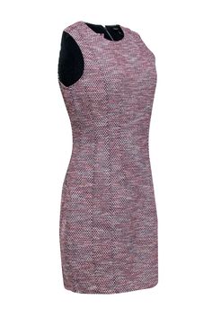 Theory's "Beacon Tweed" sheath dress is a fabulous fusion of traditional and trendy! Its flattering sheath silhouette and sophisticated tailoring accentuate your figure perfectly for a head-turning look. Hues of red, white and black meet to create a unique textural statement. Pair this sleek and stylish number with black slingback heels. Shell 49% Cotton, 34% Viscose, 6% Acrylic, 6% nylon, 5% Elastane Binding 94% Polyester, 6% Polyurethane Unlined Back zipper Crewneck Sleeveless Various shaping darts and seams Bust 35" Waist 30" Shoulder to hem 35.5" Elegant Red Tweed Dress For Work, Red Tweed Dress For Work, Fitted Red Tweed Dress For Work, Fitted Red Tweed Dress, Chic Fitted Red Tweed Dress, Elegant Fitted Red Tweed Dress, Formal Fitted Sheath Tweed Dress, Fitted Sheath Tweed Dress For Formal Occasions, Black Slingback Heels