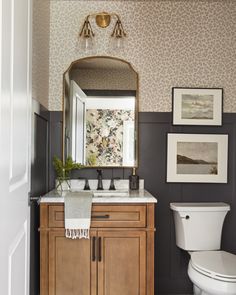 a white toilet sitting next to a bathroom sink under a mirror on top of a wooden cabinet