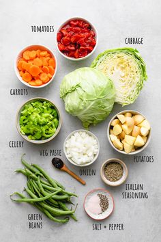 the ingredients to make cabbage salad laid out in bowls on a white surface with text above them