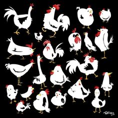 a bunch of white chickens and roosters on a black background