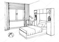 an outline drawing of a bedroom with a bed, desk and bookcase in the corner